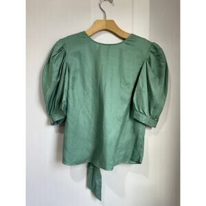 Ba&sh Green Puff Sleeve Linen Blend Blouse Parisian Chic Top Size S